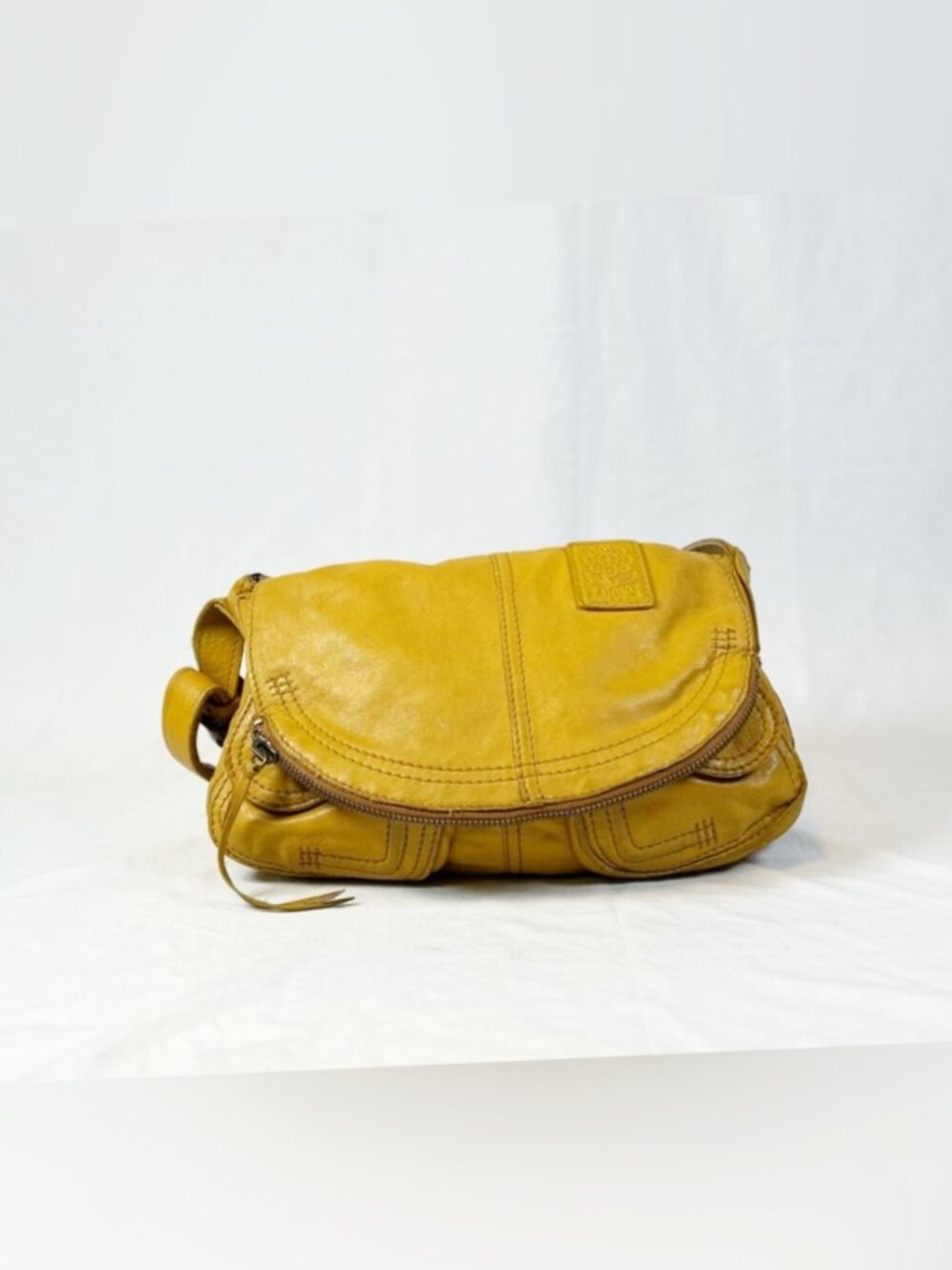 Lucky Brand Golden Yellow Italian Leather Stash Hobo Fold Over Shoulder Bag
